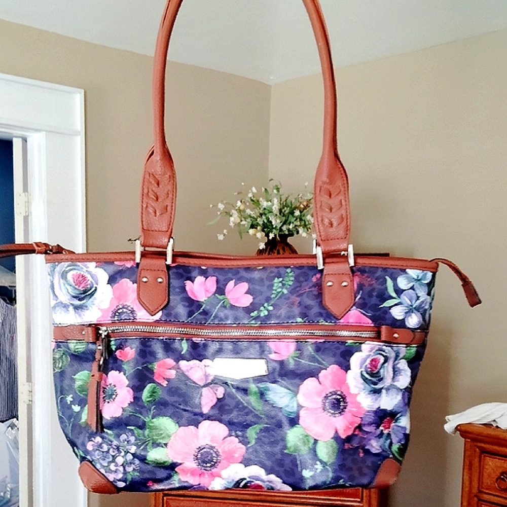 Pink and Purple Rosetti Leather Floral Rosette Tote Bag with Leather Handles